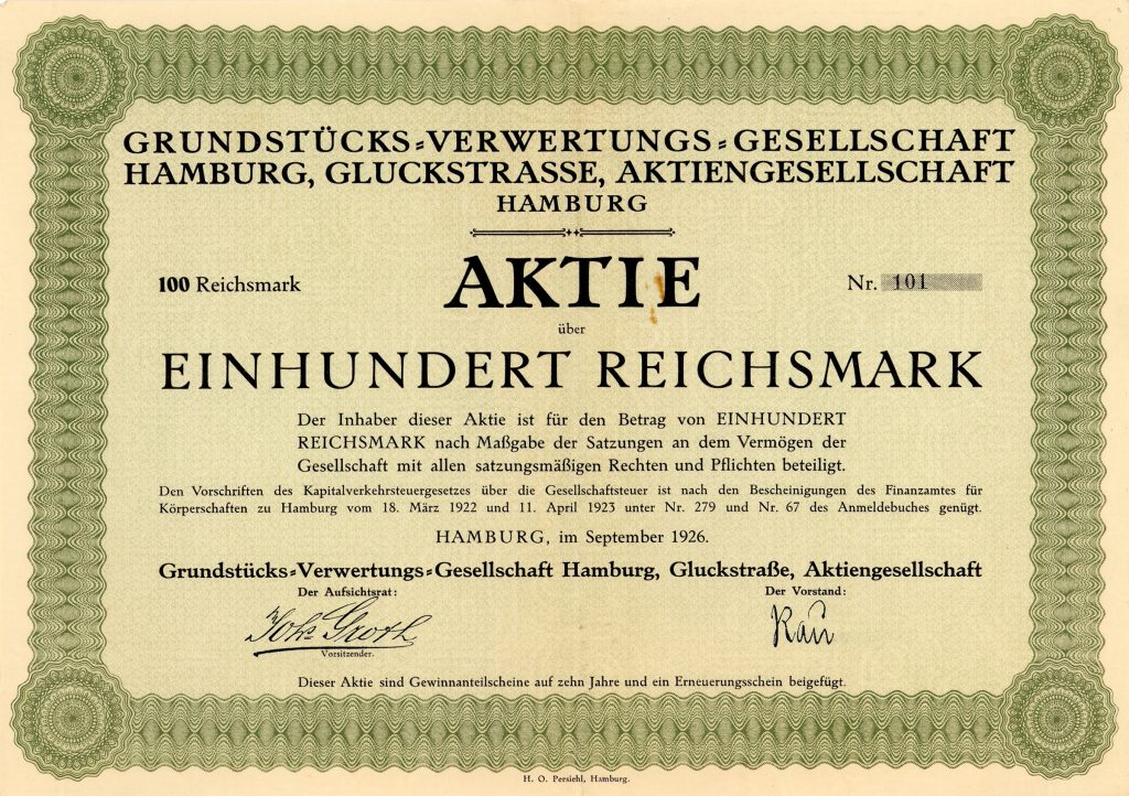 Grundstücks-Verwertungs-Gesellschaft Hamburg, Gluckstraße AG Aktie über 100 RM Hamburg, September 1926 