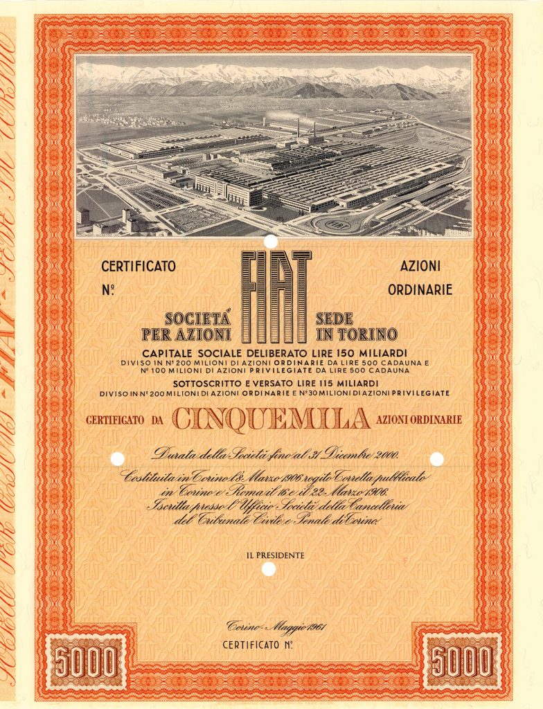 FIAT S.p.A., Aktie über 5.000 x 500 Lire, Turin, Mai 1961