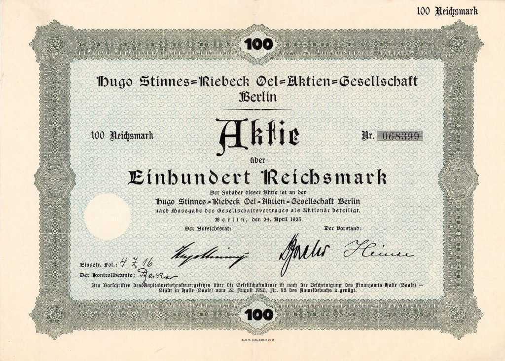 Hugo Stinnes-Riebeck Oel-AG, Aktie über 100 RM, Berlin, 24.4.1925 