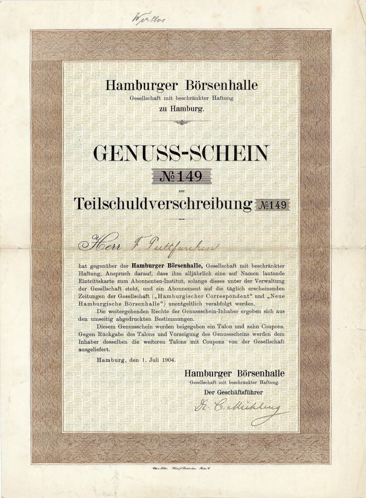 Hamburger Börsenhalle GmbH, Genuss-Schein zur Teilschuldverschreibung, Hamburg, 1.7.1904 
