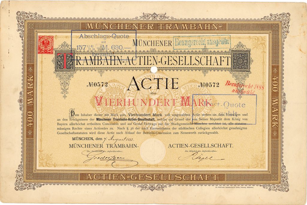 Münchener Trambahn-AG, Aktie über 400 Mark, München, 7.8.1882