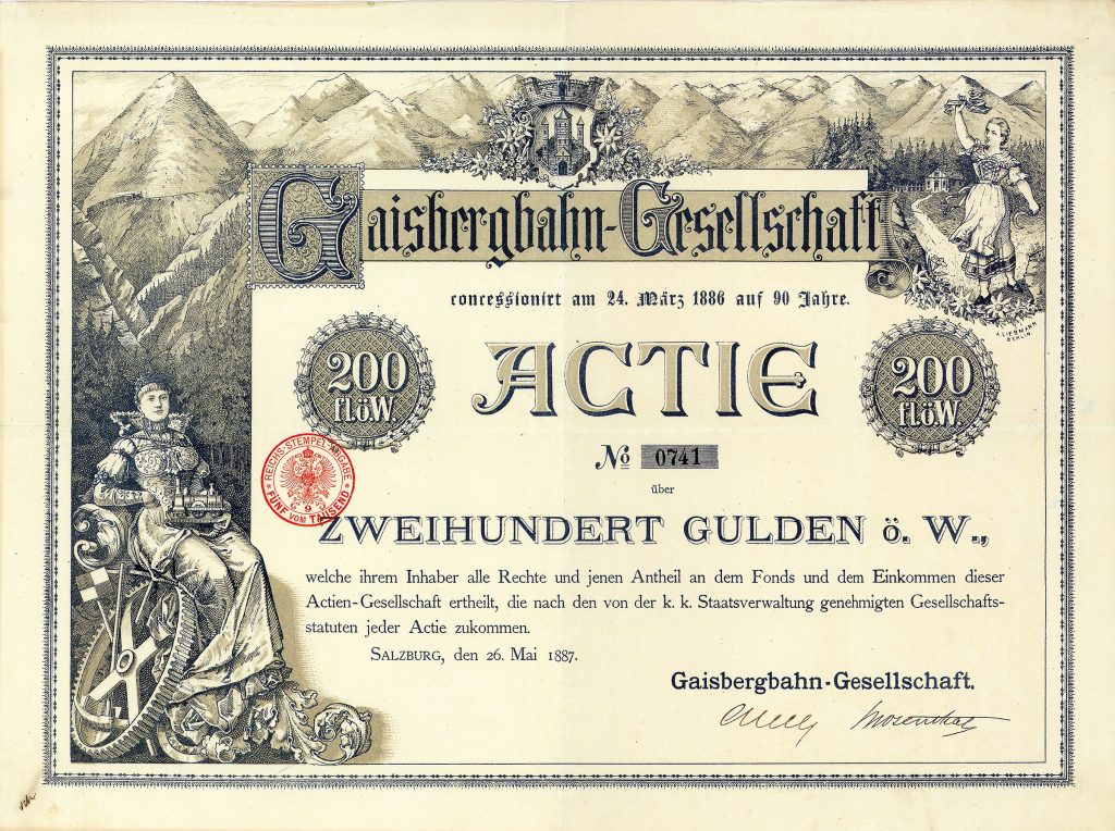 Gaisbergbahn-Gesellschaft, Actie über 200 Gulden, Salzburg, 26.5.1887 