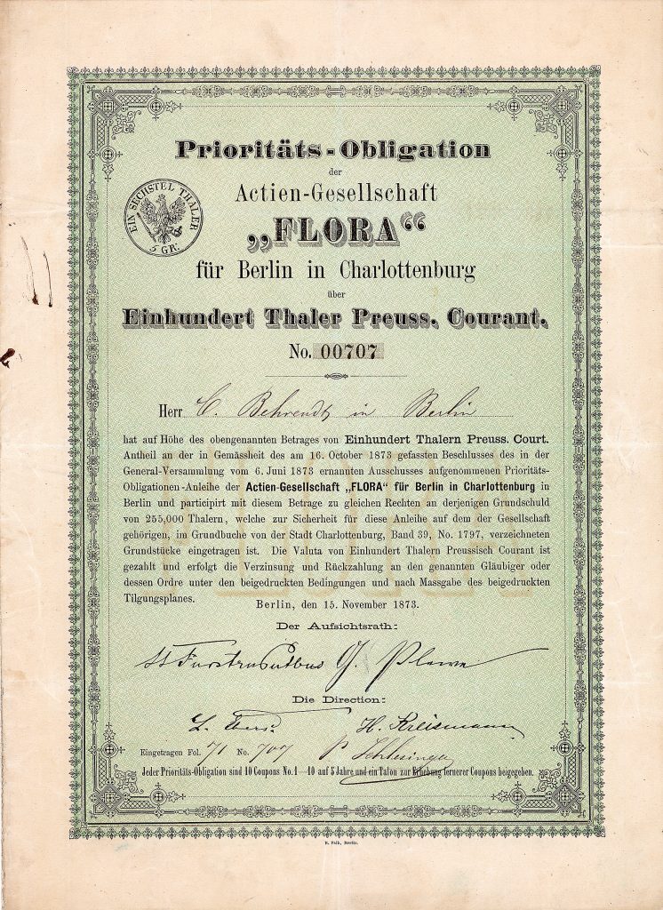 AG „Flora“ für Berlin und Charlottenburg, 6 % Prioritäts-Obligation über 100 Thaler, Berlin, 15.11.1873 