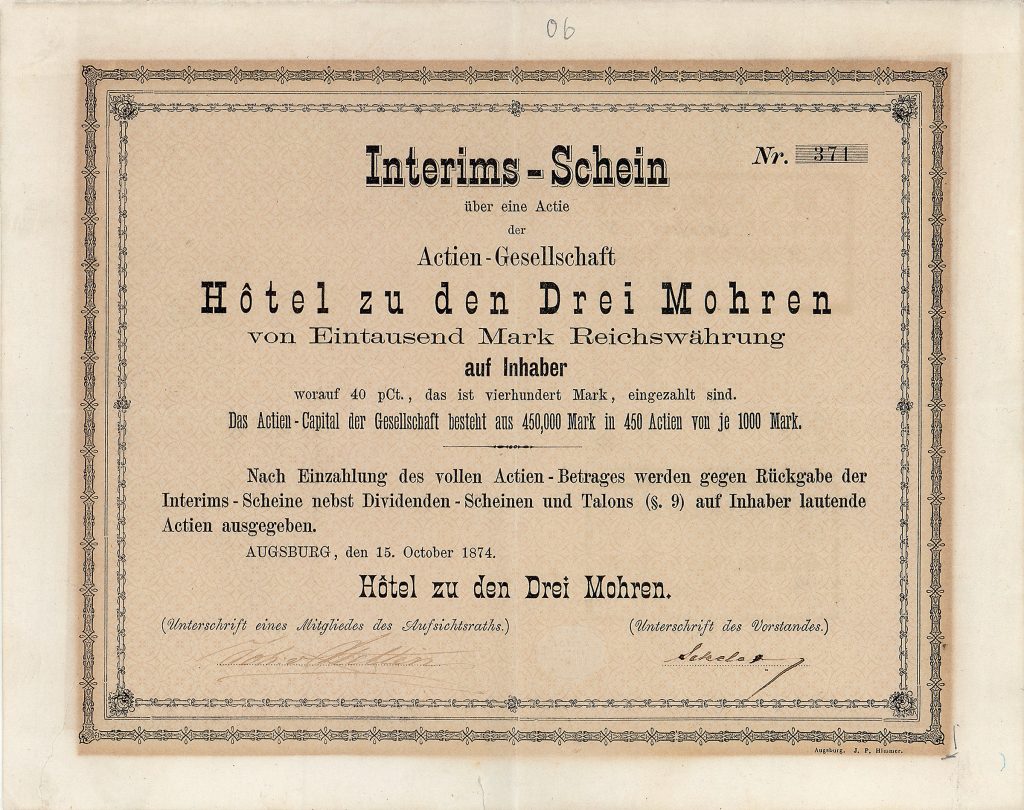 AG Hotel zu den Drei Mohren, Interims-Schein über eine Actie zu 1.000 Mark, Augsburg, 15.10.1874 