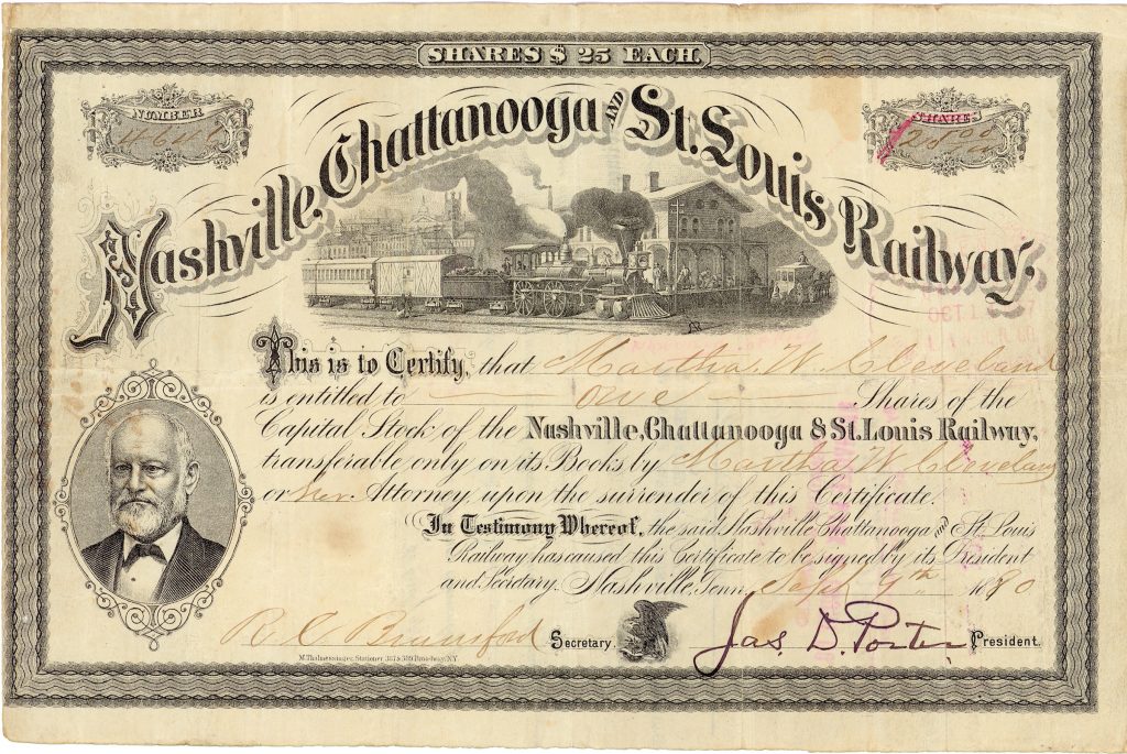 Nashville, Chattanooga & St. Louis Railway Company, 1 share à 25 $ Nashville, Tenn., 9.9.1880 