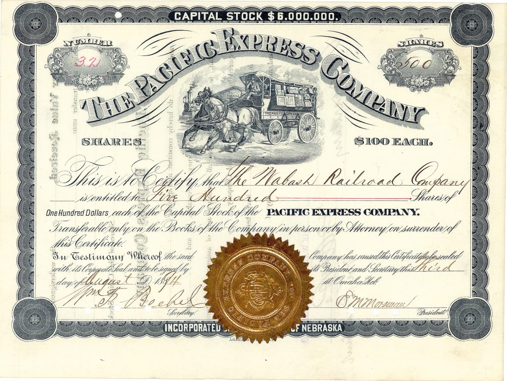 Pacific Express Company, 500 shares à 100 $ Omaha, Neb., 3.8.1894 