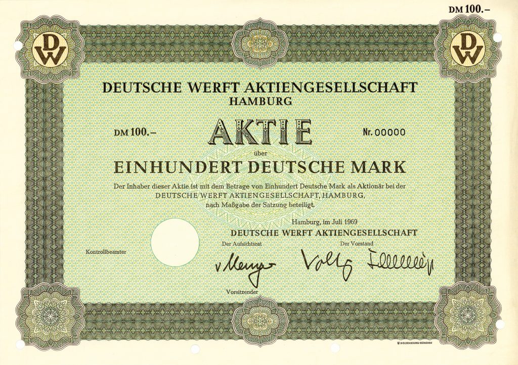Deutsche Werft AG Aktie 100 DM, Muster Hamburg, Juli 1969 