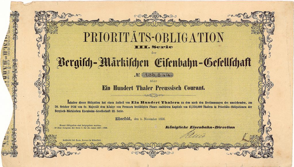 Bergisch-Märkische Eisenbahn-Gesellschaft, Elberfeld, Obligation vom 1. November 1856 über 100 Taler
