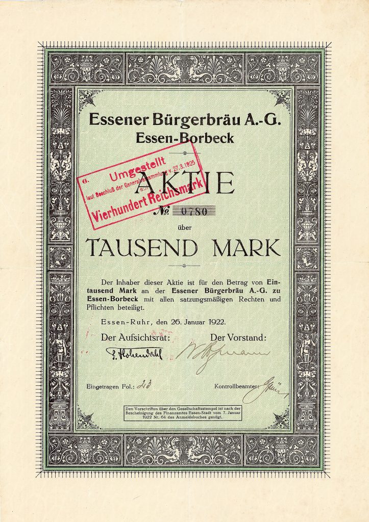 Essener Bürgerbräu-AG, Aktie über 1000 Mark, Essen-Ruhr, 26.1.1922