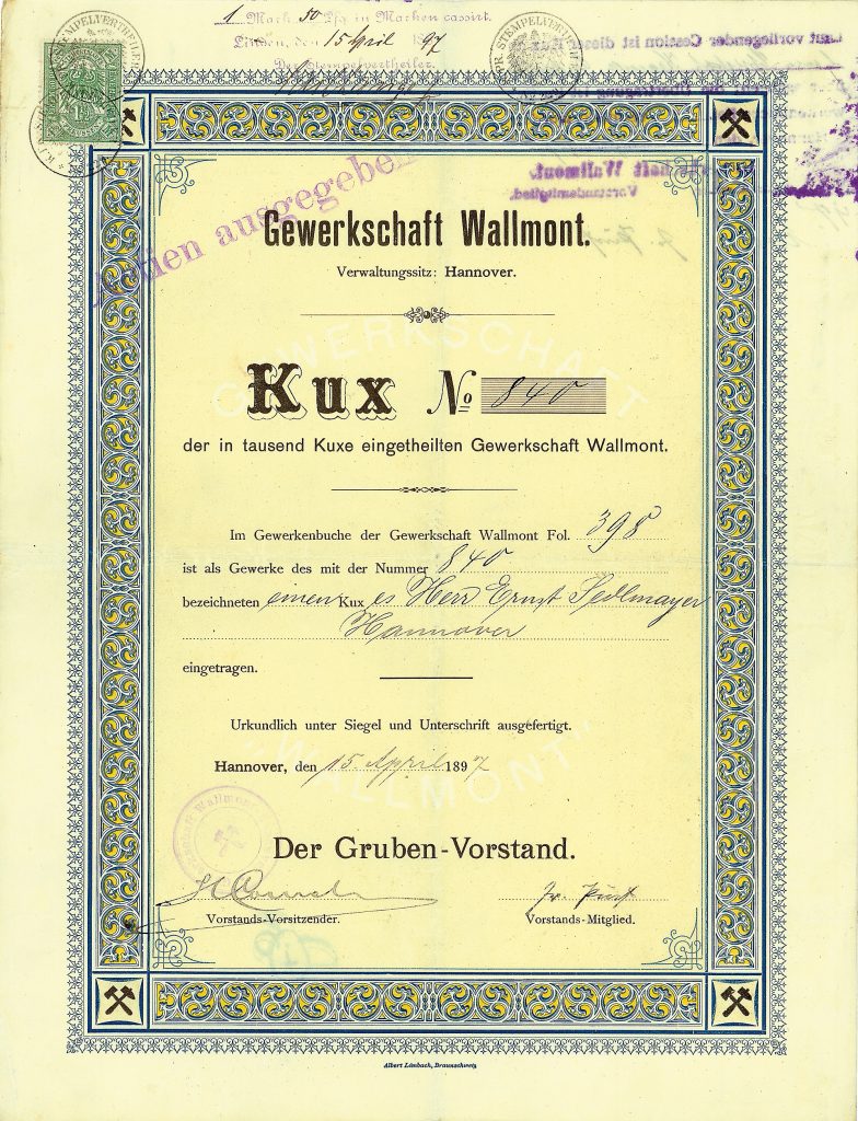Gewerkschaft Wallmont, Kuxschein über 1 Kux, Hannover, 15.4.1897