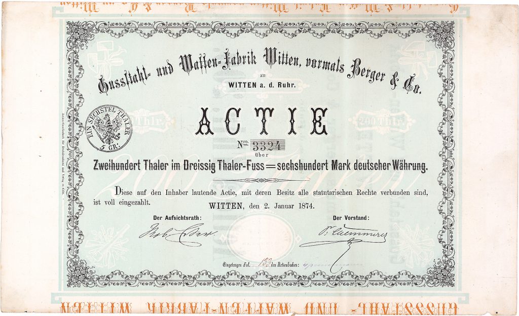 Gussstahl- und Waffenfabrik Witten vormals Berger & Co., Aktie über 200 Thaler = 600 Mark, Witten, 2.1.1874