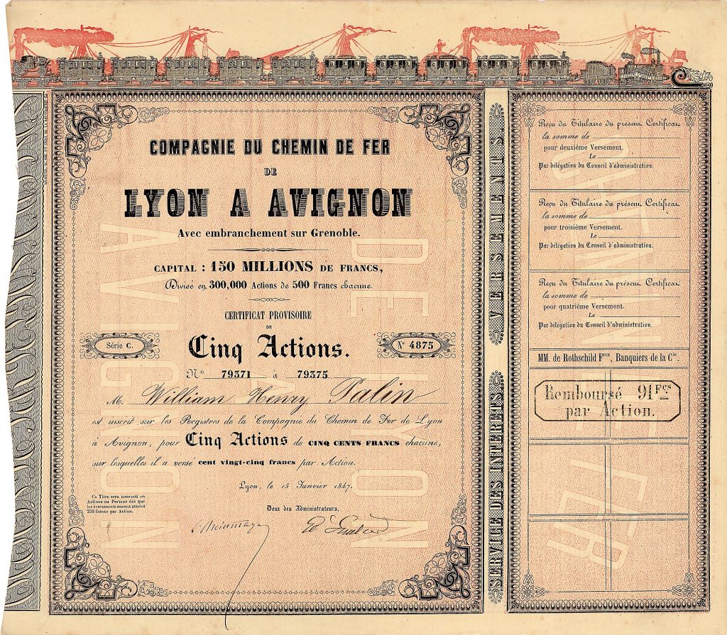Compagnie du Chemin de Fer de Lyon à Avignon, Aktie über 5 x 500 FF, Lyon, 15.1.1847