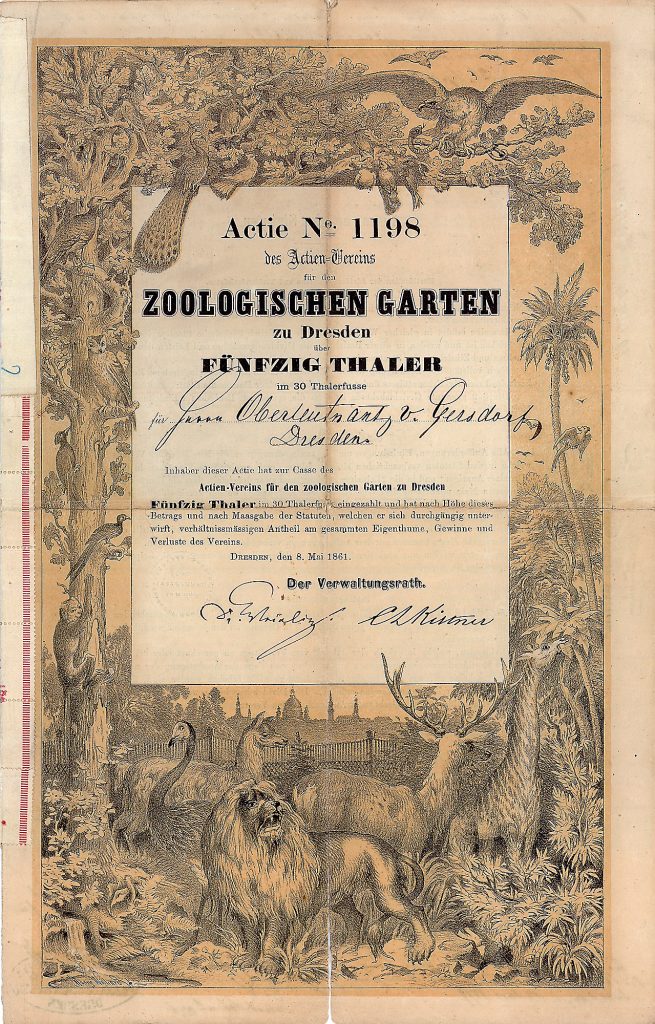 Actien-Verein für den Zoologischen Garten zu Dresden, Actie über 50 Thaler, Dresden, 8.5.1861