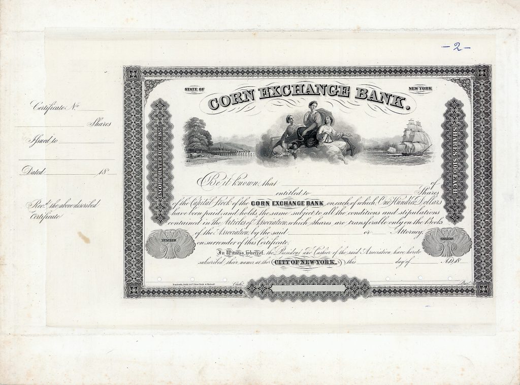 Corn Exchange Bank, shares à 100 $, Printers Proof, City of New York, von 1852 
