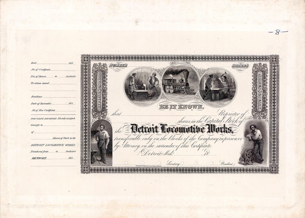Detroit Locomotive Works, shares à 25 $, Printers Proof, Detroit, Mich., von 1854