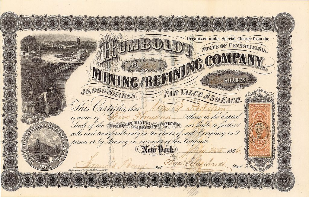 Humboldt Mining & Refining Co., 500 shares à 50 $, New York, 28.6.1866