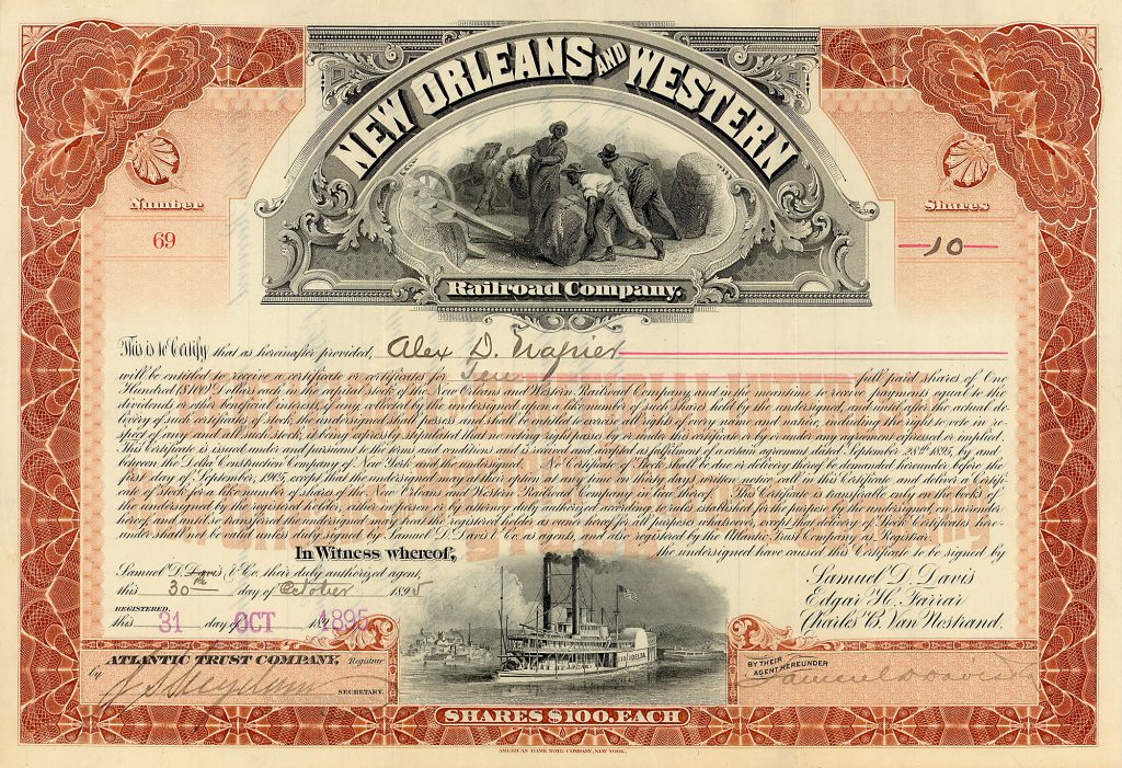 New Orleans & Western Railroad Company, 10 shares à 100 $, Texas, 31.10.1895