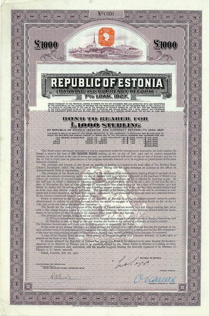 Republic of Estonia, 7 % Bond „C“ series 1.000 £ stg., Tallinn / London, 1.7.1927