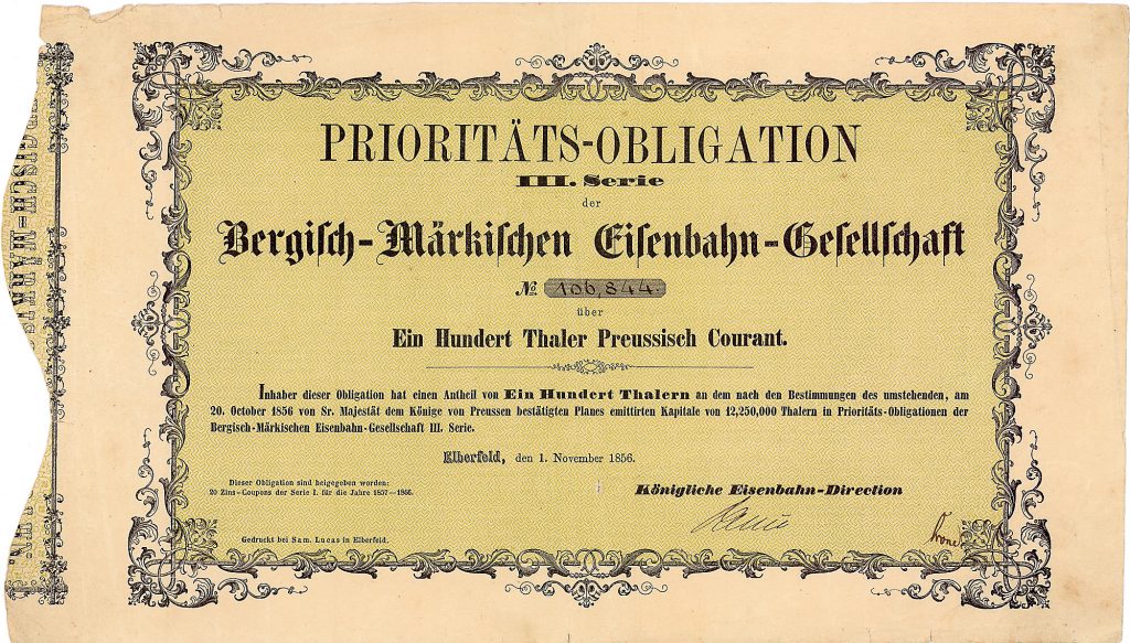 Bergisch-Märkische Eisenbahn-Gesellschaft, Prioritäts-Obligation III. Serie über 100 Thaler, Elberfeld, 1.11.1856