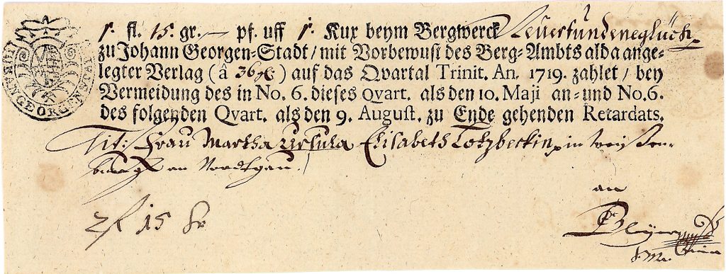 Bergwerk Neuerfundeneglück, Zubußzettel über 1 Thaler 15 Groschen für 1 Kux, Johann Georgenstadt, 9.8.1719