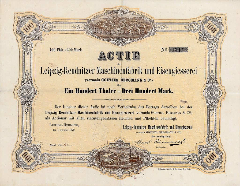 Leipzig-Reudnitzer Maschinenfabrik und Eisengießerei, Gründeraktie über 100 Taler von 1872